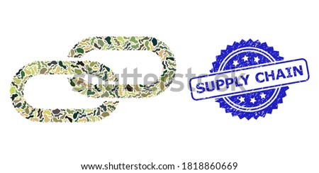 Military camouflage combination of chain, and Supply Chain dirty rosette stamp seal. Blue seal contains Supply Chain title inside rosette. Mosaic chain constructed with camouflage items.
