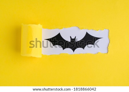 Halloween concept. Top above overhead view close-up photo of torn yellow paper and bat over white background with copyspace