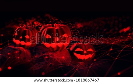 Halloween, cyber party, neon light. Three pumpkins on stones 3D illustration