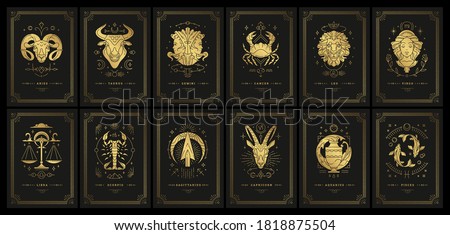 Zodiac astrology horoscope cards linocut silhouettes design vector illustrations set. Elegant symbols and icons of esoteric horoscope templates for wall print poster isolated on black background Royalty-Free Stock Photo #1818875504