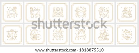 Zodiac astrology horoscope signs linear design vector illustrations set. Elegant line art symbols and icons of esoteric zodiacal horoscope templates for logo or poster isolated on white background. Royalty-Free Stock Photo #1818875510