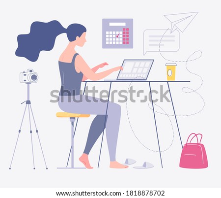 Freelance work. Young female photographer is working at home on a computer. Home interior, coworking. The concept of self-employment. The character. Flat cartoon style. Illustration.