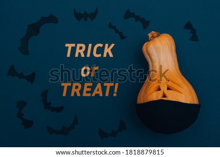 Halloween pumpkin in black protective medical mask,bats from black paper on dark blue background.Inscription TRICK or TREAT! on an dark background.Halloween and covid-19 concept.