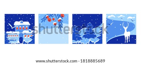 Set of trendy square Merry Christmas New Year winter holiday landscapes greeting cards templates. Christmas background for Merry Xmas cards, social media stories.