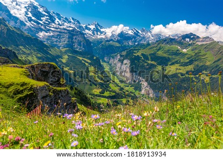 View of the Lauterbrunnen Valley and Lauterbrunnen Wall from the Mannlichen, Switzerland Royalty-Free Stock Photo #1818913934