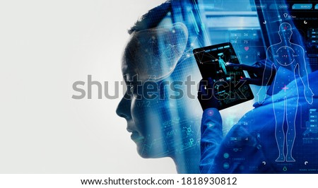 Double explosure of Medical technology concept working for Remote medicine and Electronic medical record with female doctor. Royalty-Free Stock Photo #1818930812