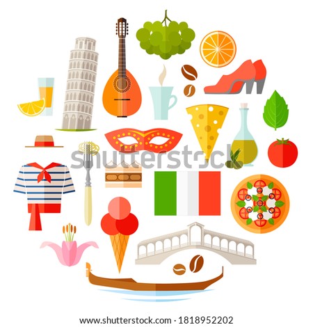 Symbols of Italy in flat style. A set of famous Italian landmarks. Vector icons on the theme of travel to Europe. Tourism