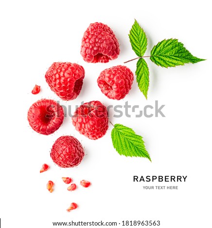 Raspberries and leaves creative layout isolated on white background. Healthy food and dieting concept. Summer raspberry fruits composition. Top view, flat lay, copy space
 Royalty-Free Stock Photo #1818963563