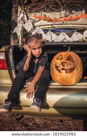 Alternative safe celebration. Cute kids preparing Halloween party in the trunk of car with carved pumpkin, spider net, ghosts and other decoration for Halloween, autumn outdoor