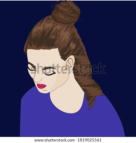 
The girl looks down, tilting her head. 3/4 head. Blue background.