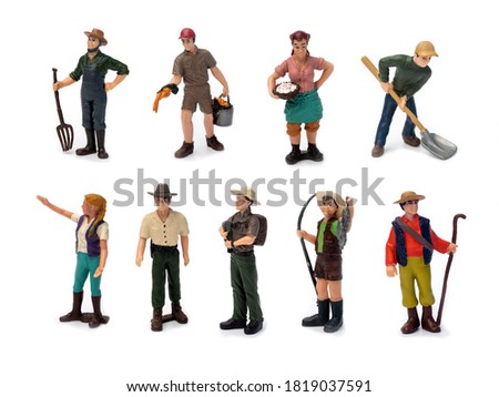 Set of miniature people worker, explorer ,farmer and travel concept in variety action isolated on white background.