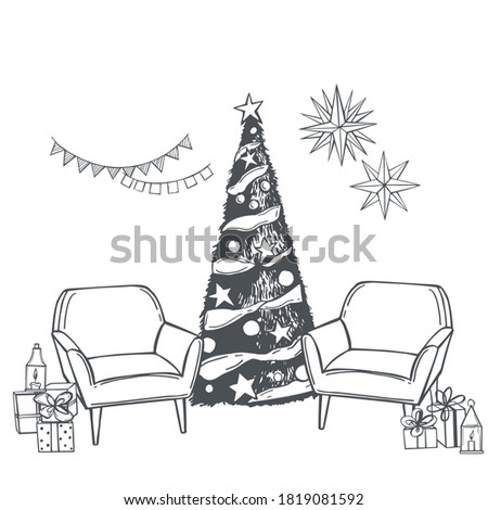 Hand drawn  living room. Christmas  tree and armchairs. Vector sketch  illustration.