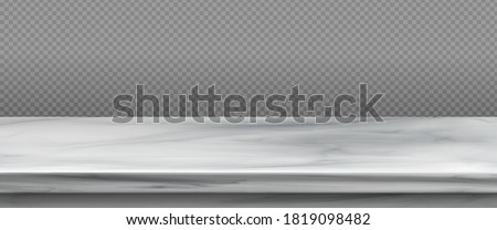 White marble table top, stone display stand. Vector realistic mockup of empty shelf, kitchen countertop isolated on transparent background. Bar desk surface in foreground Royalty-Free Stock Photo #1819098482