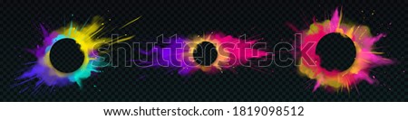 Color powder explosions with round banners. Clouds of paint dust with particles. Vector realistic splash of colorful powder, burst effect with copy space for text isolated on transparent background Royalty-Free Stock Photo #1819098512