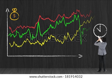 Business man drawing investor stock index graph on black wall