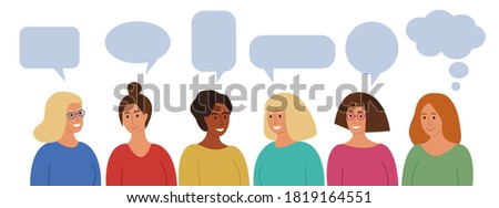 Group of smiling women in colorful  clothes. Blank empty speech bubbles. Happy girls talking. Vector illustration, flat style