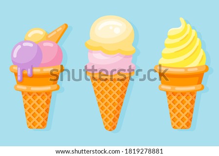 Set of Ice creams in waffle cones isolated on blue background. Flat style vector illustration.