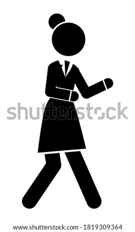 Businesswoman hurry up or walking, black and white logo avatar with businessperson silhouette wearing office dress, webicon, isolated female in office suit, dresscode, time out, deadline, simple icon