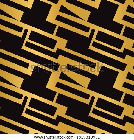 Abstract geometric seamless pattern. Monochrome endless texture, contour black bricks on golden gradient background. Vector illustration for print, decoration of interiors, surfaces, cards and package