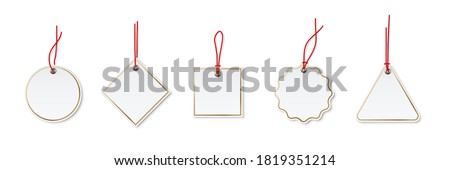 Price or label tags mockup template set. Blank cards with red strings for gifts or sales with different shapes: round, rectangle, square. Empty stickers with gold frames vector illustration. Royalty-Free Stock Photo #1819351214
