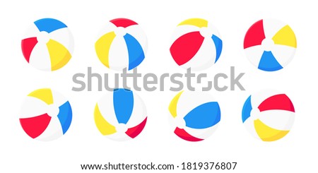 Inflatable beach ball flat style design vector illustration collection set isolated on white background. Retro styled inflatable toy for summer games or holidays.