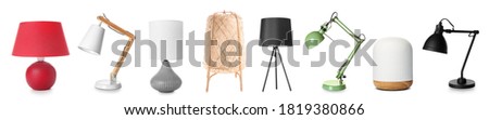 Different stylish lamps on white background Royalty-Free Stock Photo #1819380866
