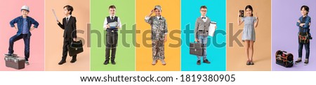 Collage with little children in uniforms of different professions on color background Royalty-Free Stock Photo #1819380905