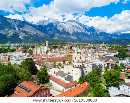 Hasegg Castle or Burg Hasegg aerial panoramic view, castle and mint located in Hall in Tirol, Tyrol region of Austria Royalty-Free Stock Photo #1819388888