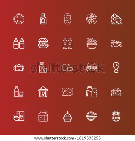 Editable 25 cheese icons for web and mobile. Set of cheese included icons line Jug, Pizza, Burger, Milk, Breakfast, Cheese, Fried chicken, Taco, Nachos, Sauce, Hamburguer on red