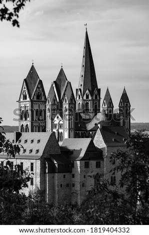 Catholic Cathedral of Limburg “Limburger Dom“ is located above the old town of Limburg in Hessen, Germany and river Lahn. With 7 Towers or Spires and Romanesque and Gothic style it’s a major sight
