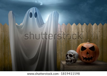 White ghost haunting with a night scene background. Halloween concept