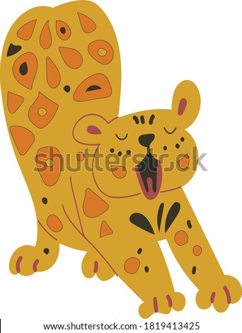 a small leopard child yawns. sleepy african animal. cute cat stretches himself. colorful bright vector flat illustration. cartoon simple cute animal  on white background