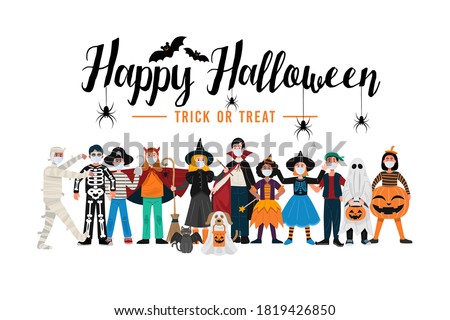 Halloween party background, Kids in Halloween costumes wearing face masks. Vector Royalty-Free Stock Photo #1819426850