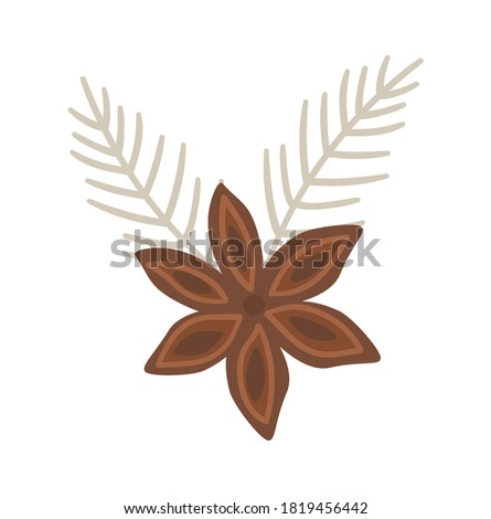 Vector anise illustration with silver Christmas tree twigs. Traditional winter spice icon. Holiday seasonal Christmas treat isolated on white background. Cozy warming food ingredient for festive drink