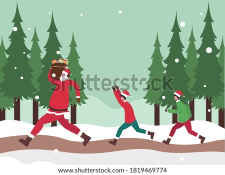 Christmas vector concept: Happy children chasing santa claus while carrying a sack of gifts 