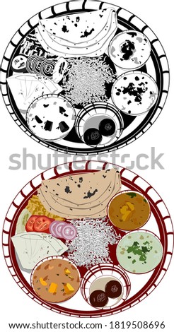 Indian wedding clip art of Indian traditional food thali in black and white and colourful and flat black and white illustration and vector design.