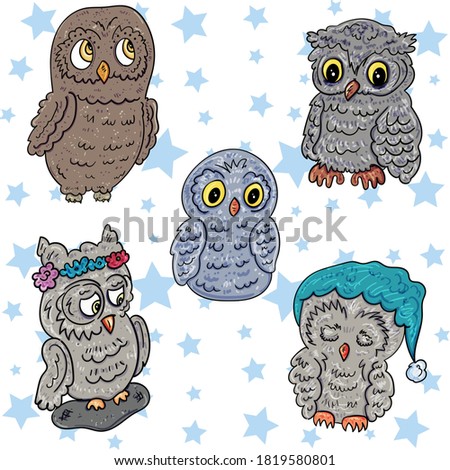 Bundle Set of cute cartoon Owls. Bird illustration, Vector Scrap  Elements