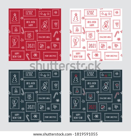Set of Christmas seamless patterns with hand drawn elements. Dark grey and red backgrounds for gift wraps, textiles, wallpapers and scrapbook. Vector.
