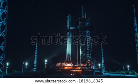 Launch Pad Complex: Successful Rocket Launching with Crew on a Space Exploration Mission. Flying Spaceship Blasts Flames and Smoke on a Take-Off. Humanity in Space, Conquering Universe