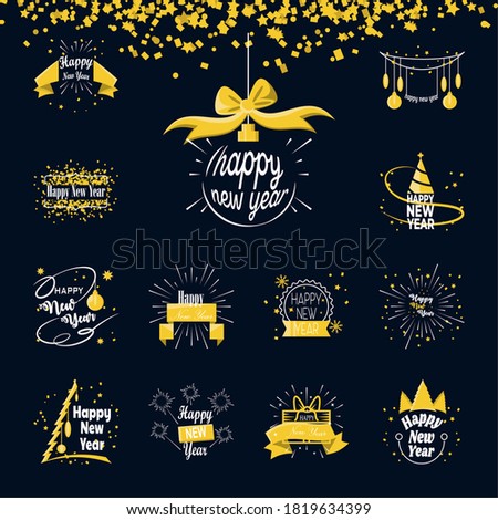 Happy new year detailed style icons collection design, Welcome celebrate and greeting theme Vector illustration