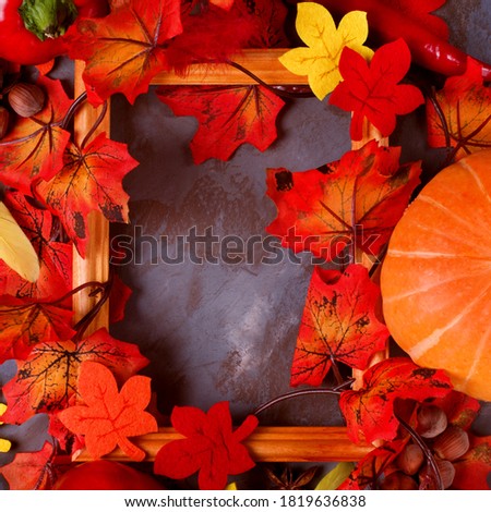 Autumn background with the picture frame, decorative fallen leaves and pumpkin shaping the copy space