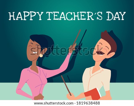 happy teachers day card with couple of teachers vector illustration design
