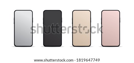 Realistic, modern, smart phone collection with grey, black, gold, bronze screen on isolated background.