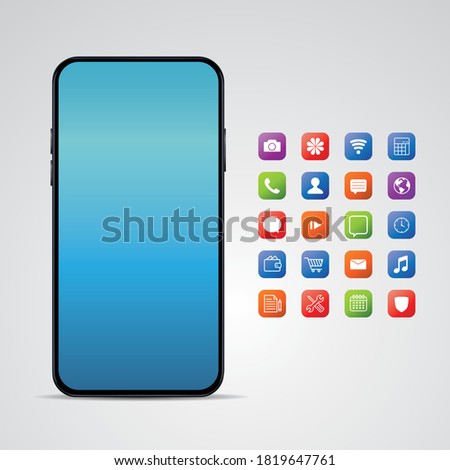 Realistic, modern, smart phone collection with apps and colorful screens on isolated background.
