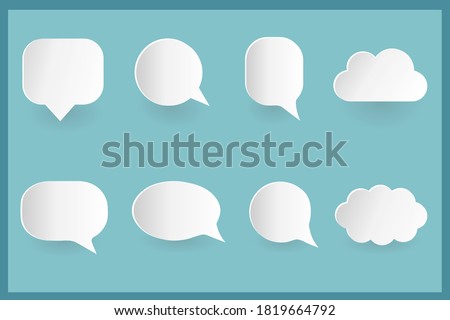 Collection of speech icons, clean inside. Chat or comic icons, white with shadow. A set of icons of different shapes: round, oval, rectangular or in the shape of a cloud.
 Royalty-Free Stock Photo #1819664792