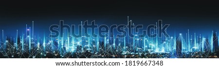 Smart network and Connection technology concept with Bangkok city background at night in Thailand, Panorama view