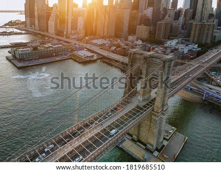 Manhattan sunset beautiful cityscape Brooklyn Bridge panorama New York City, U.S.