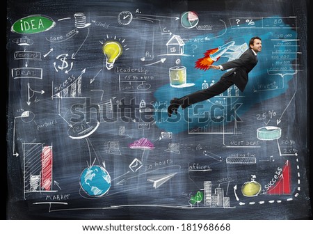 Businessman flying with rocket backpack trough business strategy
