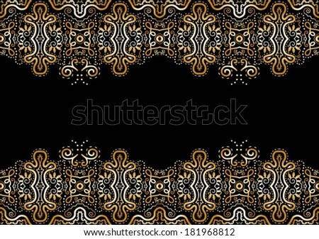 Abstract decoration, lace border pattern, invitation card with ornate detailed ornament. Template frame design, isolated elements, yellow gold on black