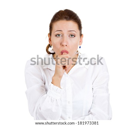 Closeup portrait pretty business woman with finger in mouth, sucking thumb, biting fingernail in stress thought, isolated white background. Negative emotions,  facial expression feeling. Body language
